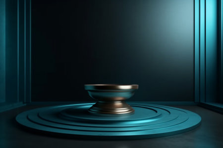3d rendering of a round podium in a dark room with a blue wallの素材