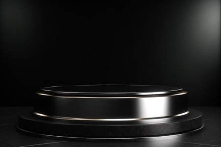 Black round podium on black background. Mock up, 3D Renderingの素材