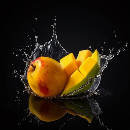 Mango fruit with water splash, isolated on black background. Fresh fruits.の素材