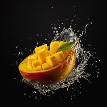 Mango fruit with water splash on black background. Fresh fruit concept.の素材