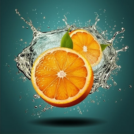 Fresh orange fruit in water splash, isolated on mint background. Vector illustration.の素材