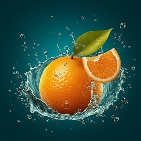 Fresh orange in water splash on dark blue background. Vector illustration.の素材