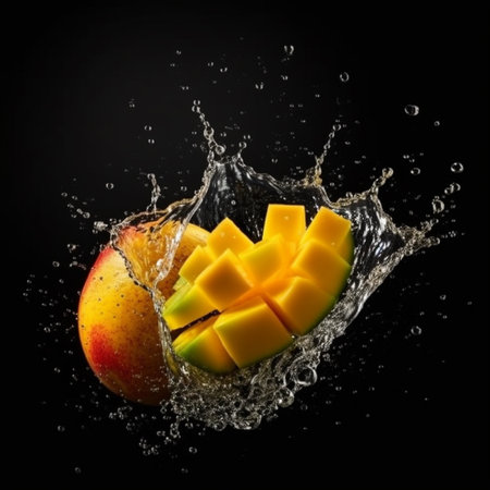 Mango fruit with water splash, isolated on black background. Fresh fruitの素材