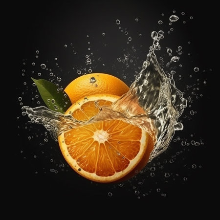 Fresh orange with water splash isolated on black background. 3d illustrationの素材