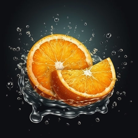 Fresh orange in water splash isolated on black background. 3d illustrationの素材