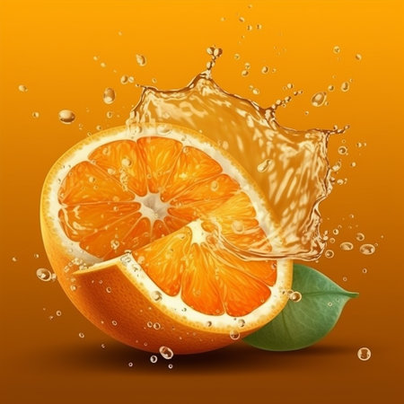 Fresh orange fruit with water splash on orange background. Vector illustration.の素材