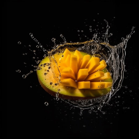Mango fruit with water splash, isolated on black background. Creative food concept.の素材