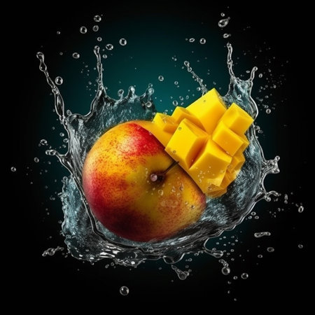 Mango and mango slices in water splash on black background. 3d illustrationの素材