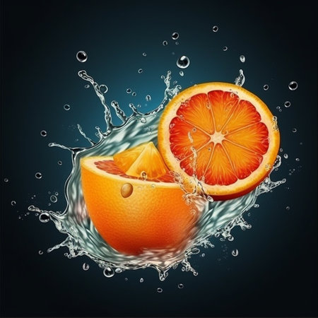 Water splash with sliced orange and grapefruit isolated on dark blue backgroundの素材