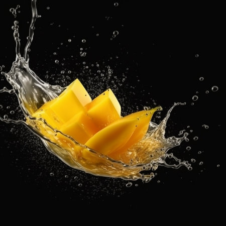 Mango with water splash isolated on black background. Fresh fruit.の素材