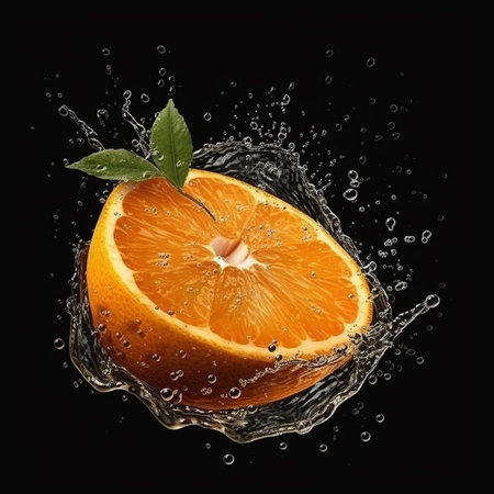 Fresh orange in water splash on black background. 3d illustration.の素材
