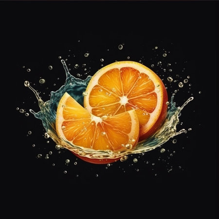 Fresh orange in water splash isolated on black background. 3d illustrationの素材
