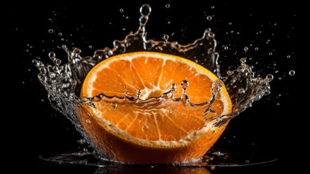 Slice of fresh orange falling into water with splash on black backgroundの素材