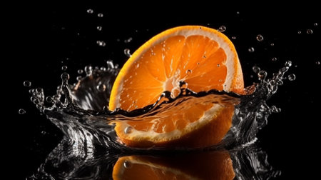 Slices of orange falling into water with splash on black backgroundの素材