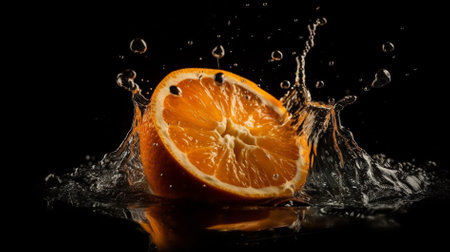 Fresh orange with water splash isolated on black background. Healthy food concept.の素材
