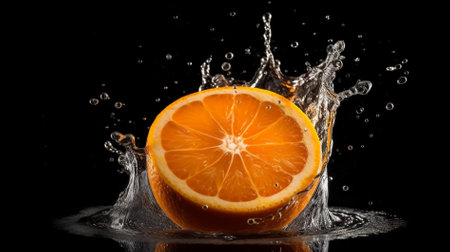 Slice of orange falling into water with splash isolated on black backgroundの素材