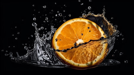 Orange fruit in water splash on black background. Fresh orange fruit with water dropsの素材