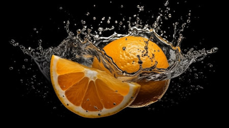 Orange falling into water with splash isolated on black background. Citrus fruitの素材