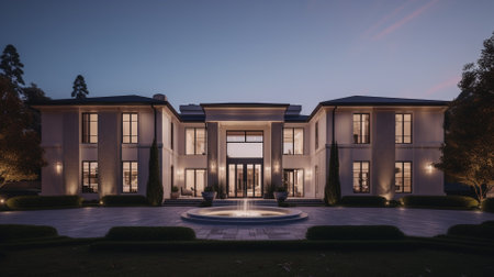 3d rendering of modern luxury house with pool and garden at nightの素材