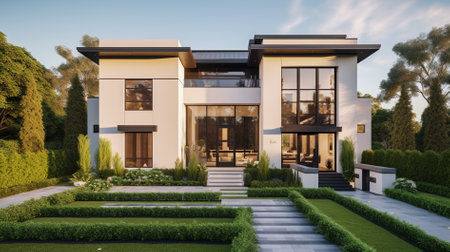 3d rendering of modern cozy house with pool and parking for sale or rent in luxurious style.の素材