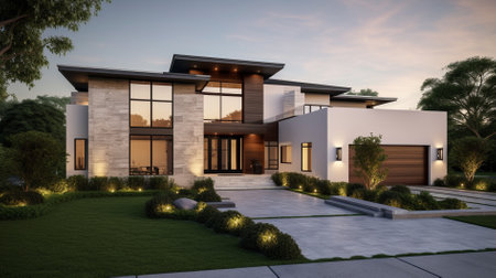 3d rendering of modern cozy house with pool and parking for sale or rent in luxurious style and beautiful landscaping on background. Clear summer evening with warm light from window.の素材