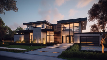 3d rendering of modern cozy house with garage for sale or rent with beautiful landscaping on background. Clear summer evening with warm light from window.の素材