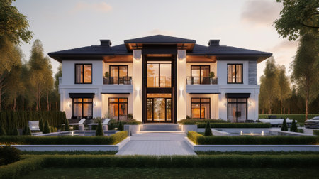 3d rendering of modern cozy house with pool and parking for sale or rent in luxurious style.の素材