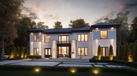 3d rendering of modern cozy house in the garden with garage.の素材