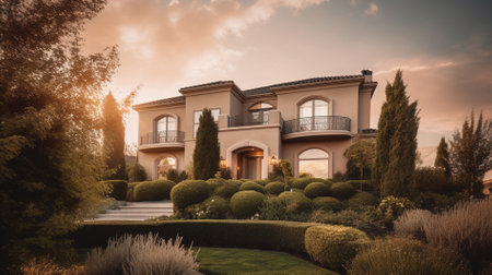 Luxury house in the garden at sunset. Vintage tone.の素材