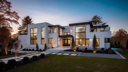 Architecture of modern house with garden at dusk. Nobody insideの素材