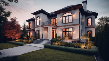 3d rendering of modern cozy house in the garden with garage.の素材