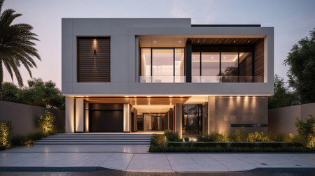 3d rendering of modern cozy house with garage and pool for sale or rent with beautiful landscaping on background. Clear summer night with many stars on the sky.の素材