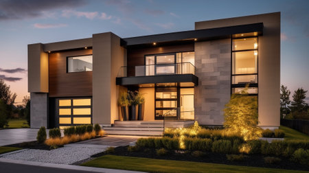 Exterior of a modern house with a beautiful landscaped garden.の素材