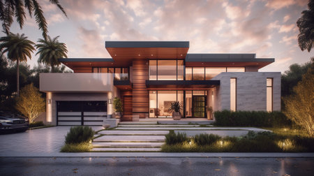 3d rendering of modern cozy house with garage and pool for sale or rent with beautiful landscaping on background. Clear summer night with many stars on the sky.の素材