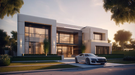 luxury car in front of a modern villa. 3d renderingの素材