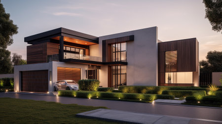 3d rendering of modern cozy house with pool and parking for sale or rent in luxurious style and beautiful landscaping on background. Clear summer evening with golden light from window.の素材