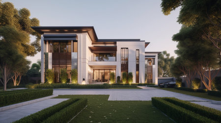 3d rendering of modern cozy house in the garden with garage for sale or rent. Clear summer evening with warm light from window. With a beautiful landscaping on the lawn.の素材