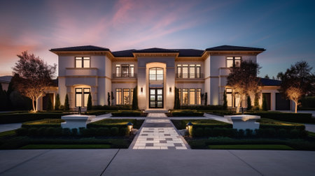 3d rendering of beautiful luxury house with garden at twilight time.の素材