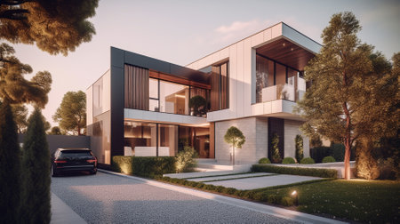 3d rendering of modern cozy house with parking and pool for sale or rent in luxurious style.の素材