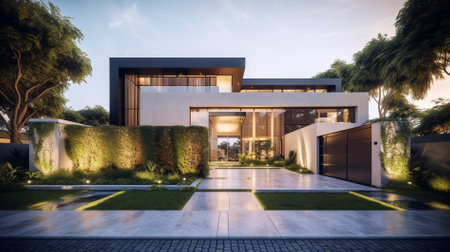 3d rendering of modern cozy house with garage and pool for sale or rent with beautiful landscaping on background. Clear summer evening with golden light from window.の素材