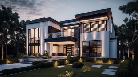 3d rendering of modern cozy house with pool and parking for sale or rent in luxurious style and beautiful landscaping on background. Clear summer night with many stars on the sky.の素材