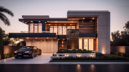 3d rendering of modern cozy house with garage and pool for sale or rent with beautiful landscaping on background. Clear summer night with cozy light from window.の素材