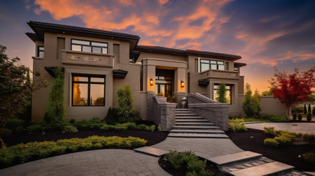 3D rendering of a beautiful house with a garden at sunset.の素材