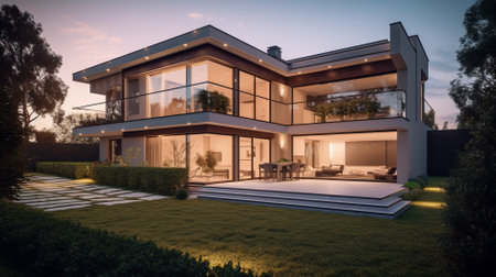3d rendering of modern cozy house with pool and parking for sale or rent in luxurious style and beautiful landscaping on background. Clear summer evening with warm light from window.の素材