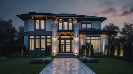 3d rendering of a beautiful house in the garden at dusk.の素材
