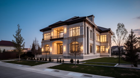 Panorama of luxurious house exterior at twilight with blue sky background.の素材