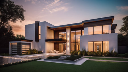3d rendering of modern cozy house with pool and parking for sale or rent in luxurious style and beautiful landscaping on background. Clear summer evening with blue sky.の素材