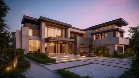 3d rendering of modern cozy house with garage for sale or rent with beautiful landscaping on background. Clear summer night with many stars on the sky.の素材
