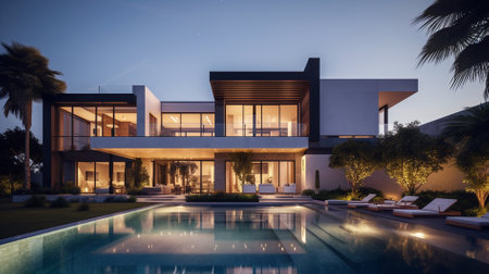 3d rendering of modern cozy house with pool and parking for sale or rent in luxurious style and beautiful landscaping on background. Clear summer night with many stars on the sky.の素材