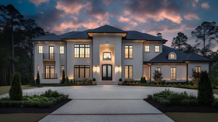 Luxury house in the evening with beautiful cloudy sky. 3d renderingの素材